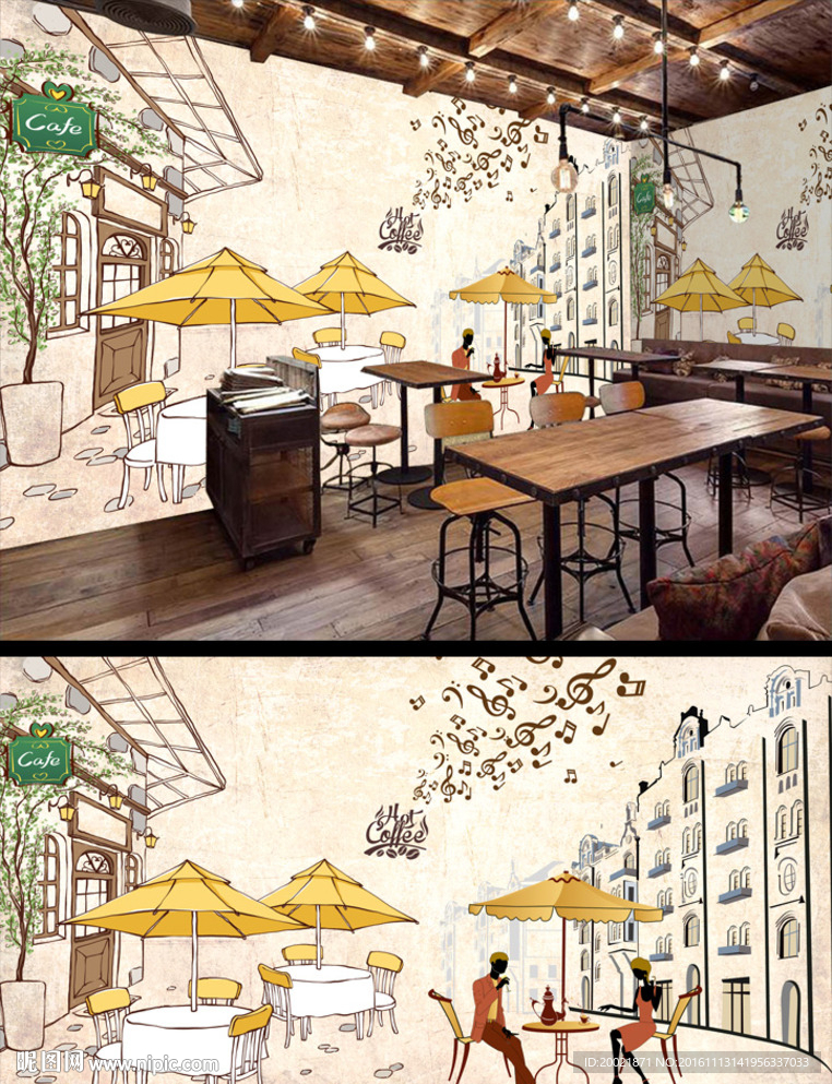咖啡厅手绘背景墙