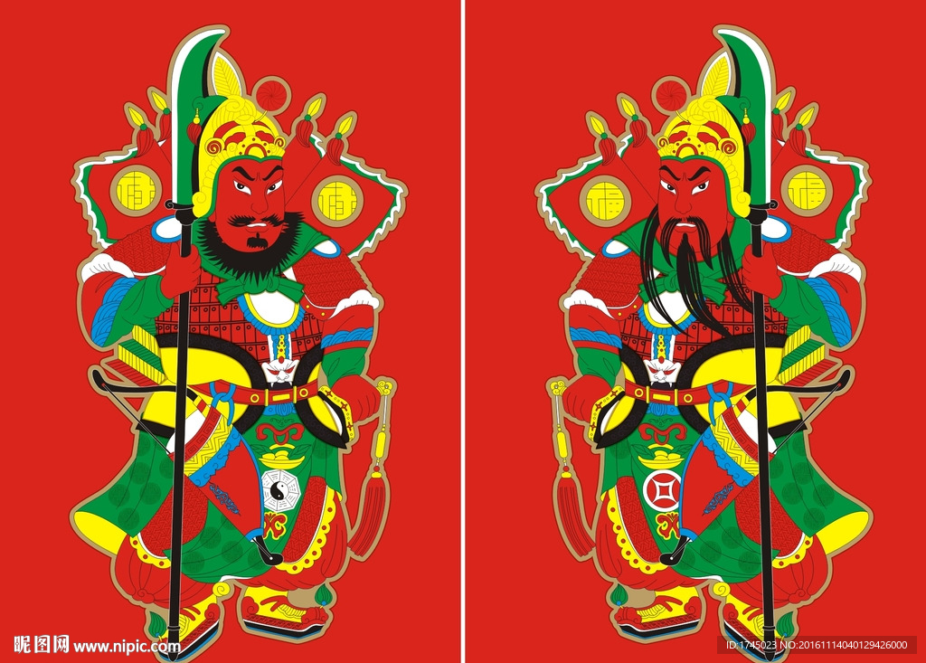 传统门神矢量分色印刷年画