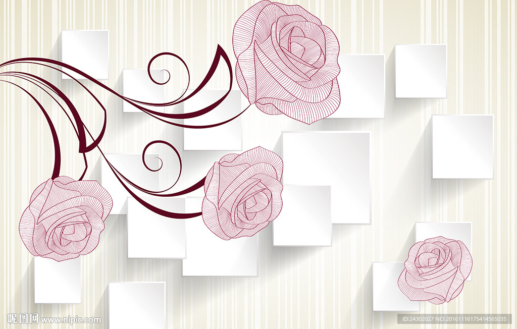 3D立体手绘牡丹花背景墙