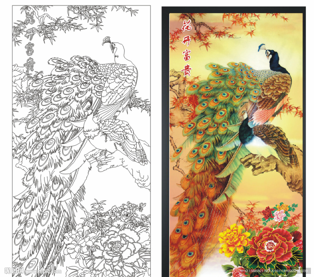 花开富贵孔雀开屏高档艺术玻璃