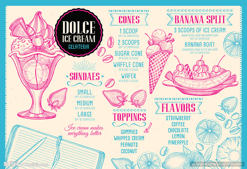 创意手绘冰淇淋冷饮糕点菜单