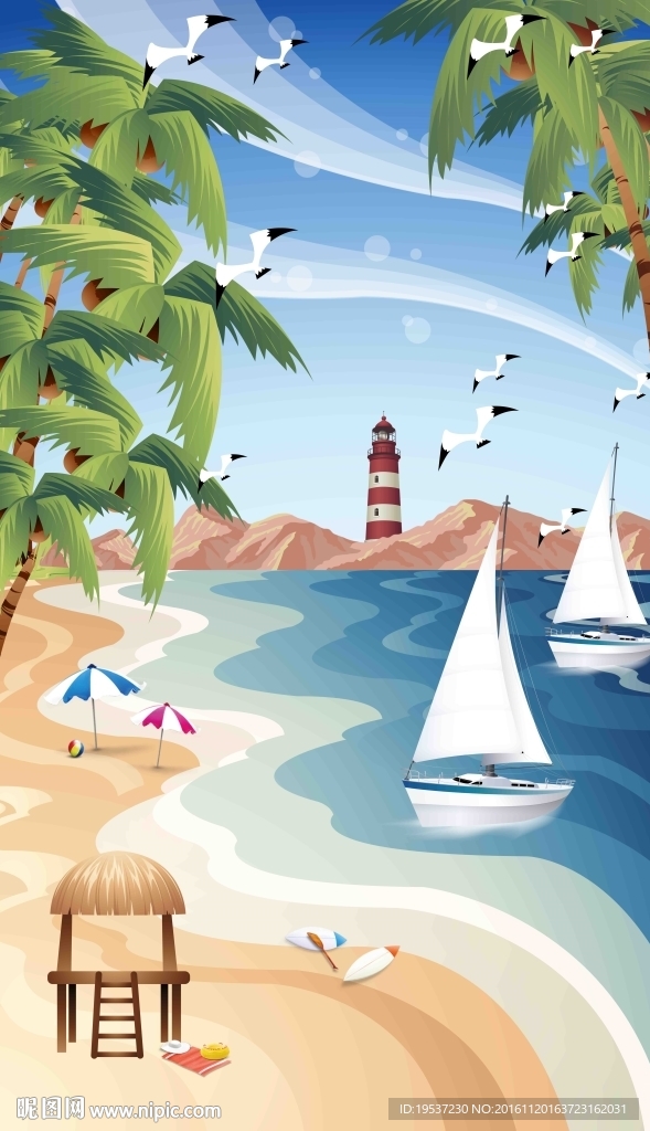 卡通沙滩玄关背景墙