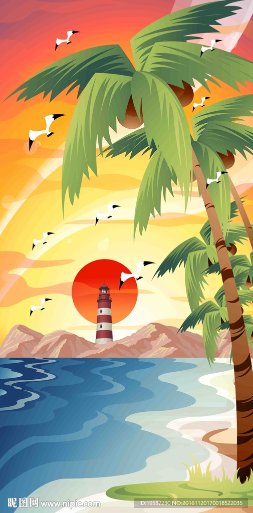 卡通沙滩玄关壁画