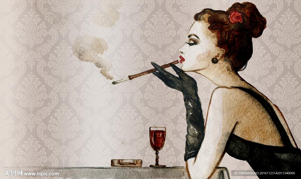 欧式复古香烟美女欧式花纹