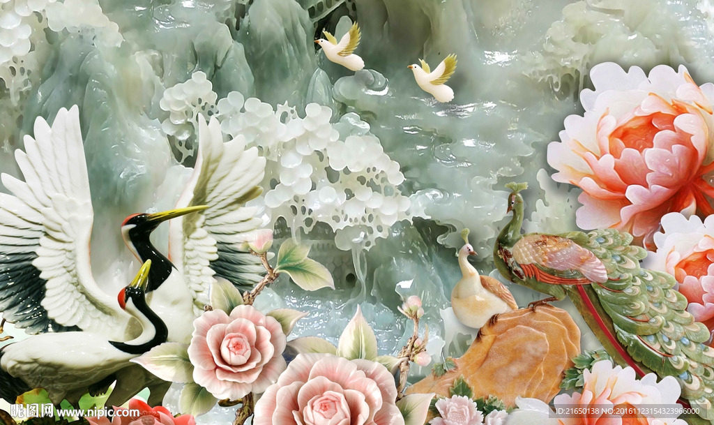 玉雕背景花开富贵花鸟电视背景墙