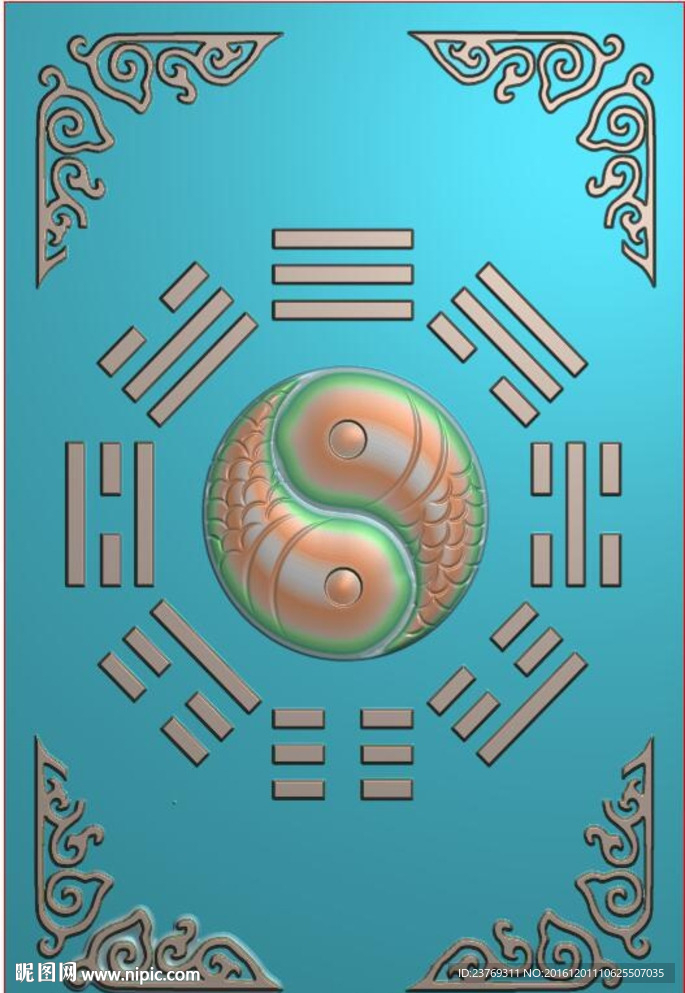 乾坤太极阴阳八卦牌精雕浮雕灰度