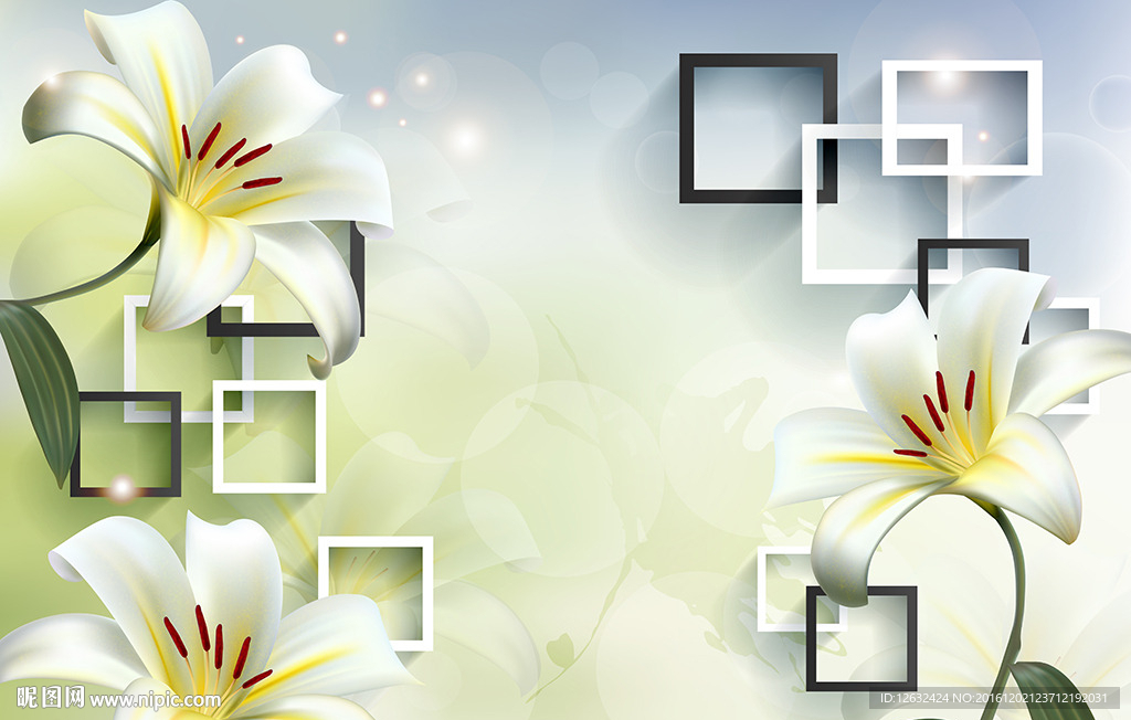 3D清新白百合电视背景墙