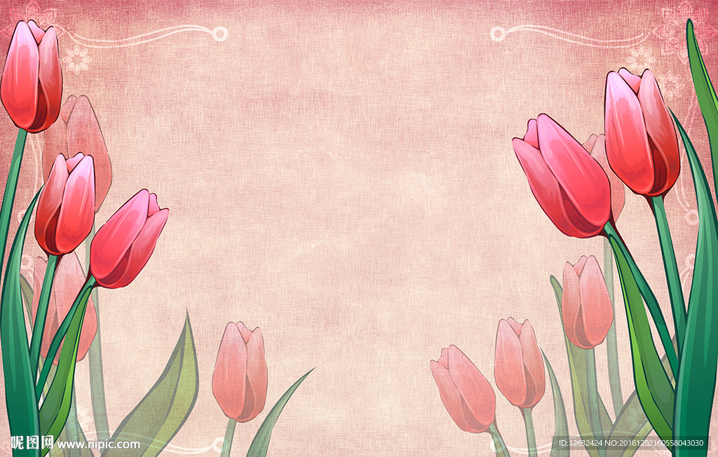 复古手绘郁金香电视背景墙