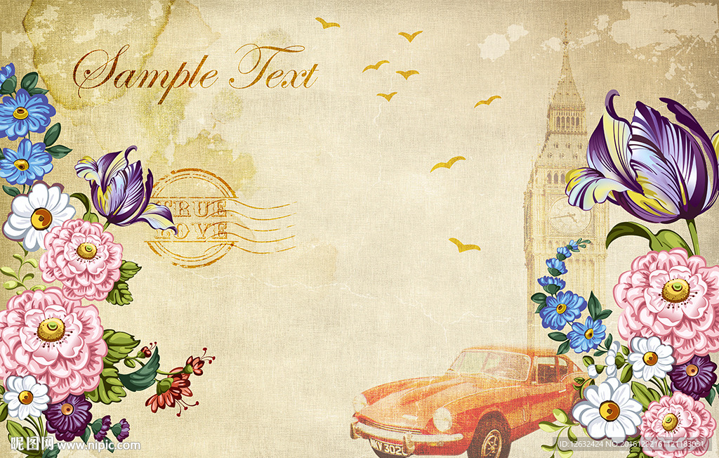 欧式复古手绘花卉电视背景墙