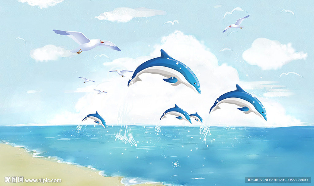 手绘海豚装饰背景墙