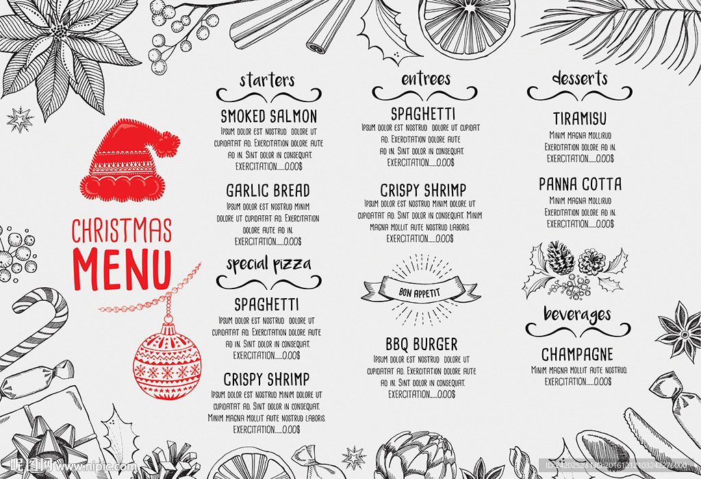创意手绘简约圣诞菜单价目表