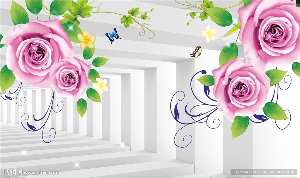 3D粉色梦幻玫瑰客厅背景墙壁画