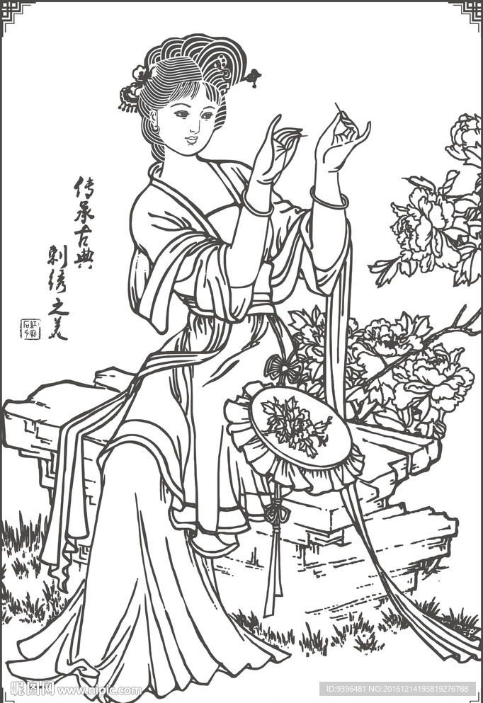 矢量古典美女人像（绣花）