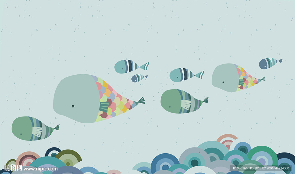 手绘卡通鱼海底世界背景墙