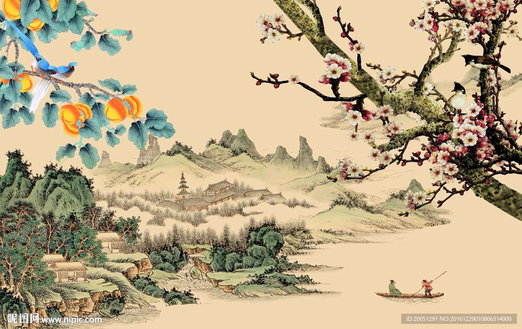 国画花鸟电视背景墙