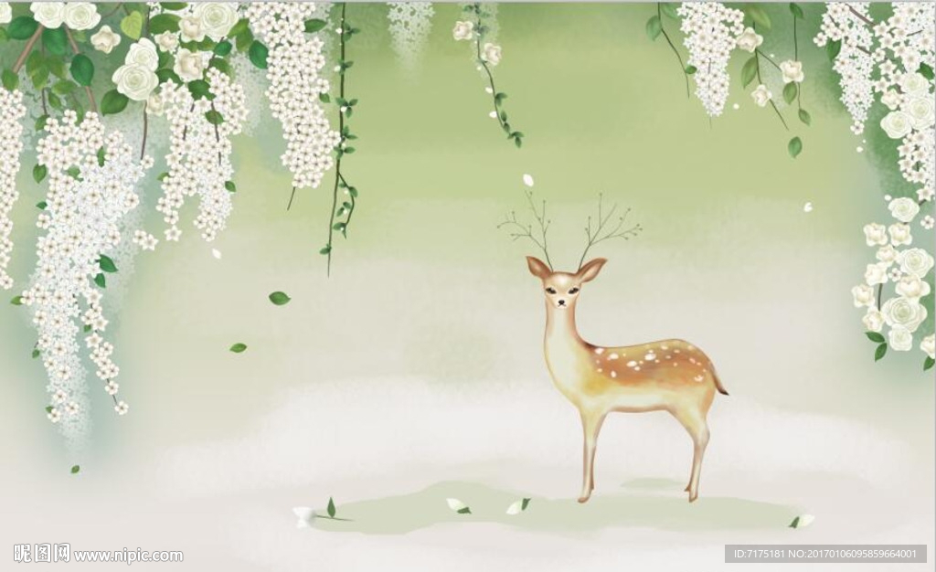 手绘鹿蝴蝶吊兰