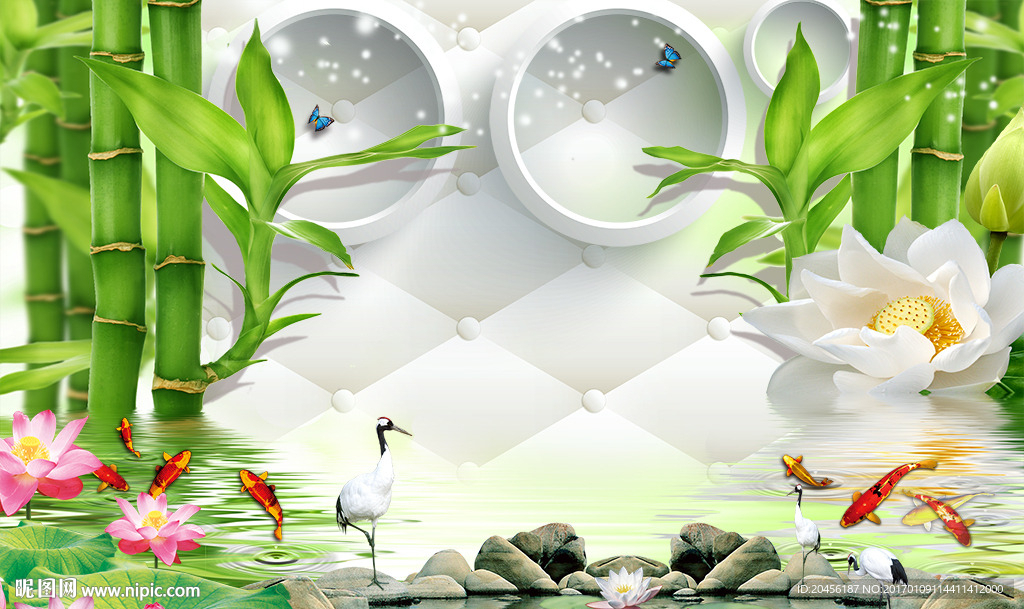 3D荷花竹子背景墙