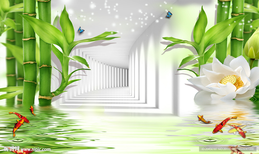 3D竹子荷花背景墙