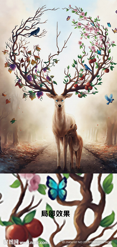 高清水彩麋鹿壁画（不分层）