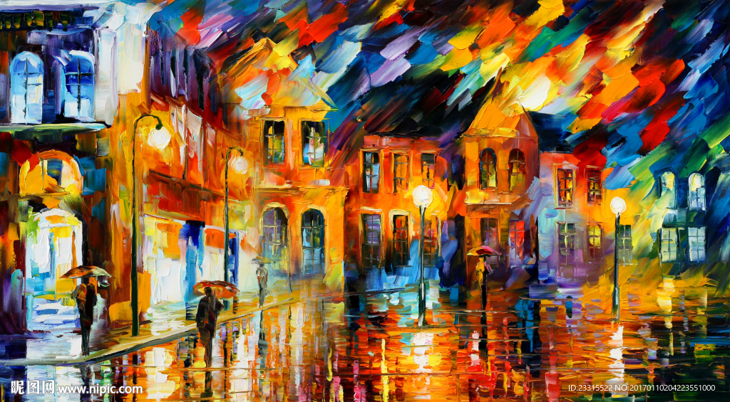 欧式街边夜景油画