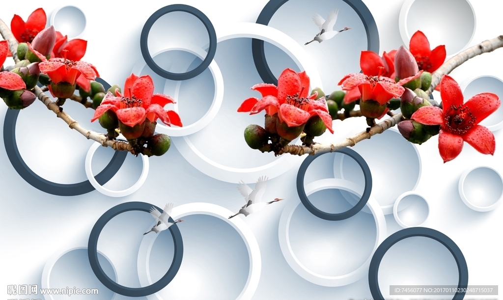 唯美小红花树枝立体背景墙