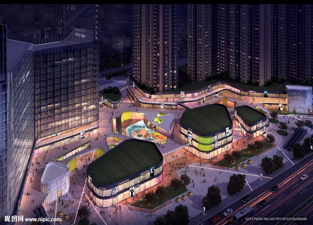 商业街步行街夜景俯视效果