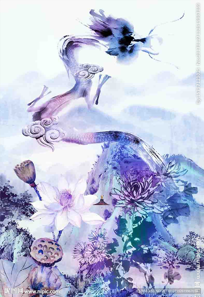 创意中国风龙飞荷池定位印花图案