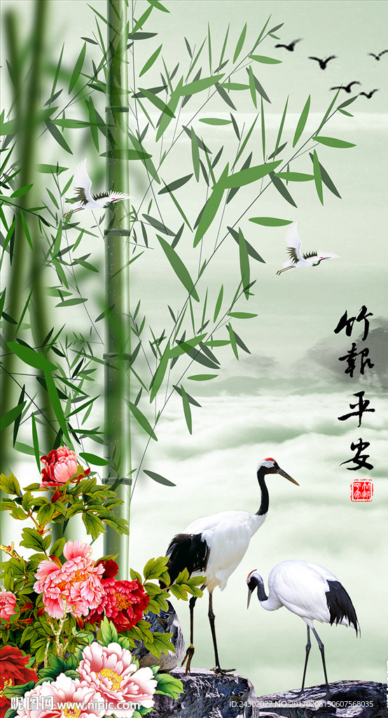 中式竹子牡丹仙鹤玄关背景墙
