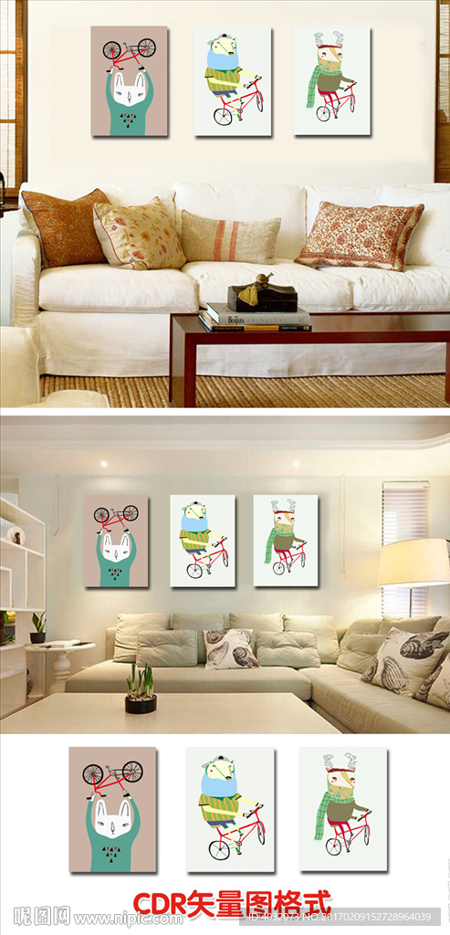 儿童插画骑自行车墙画CDR矢量