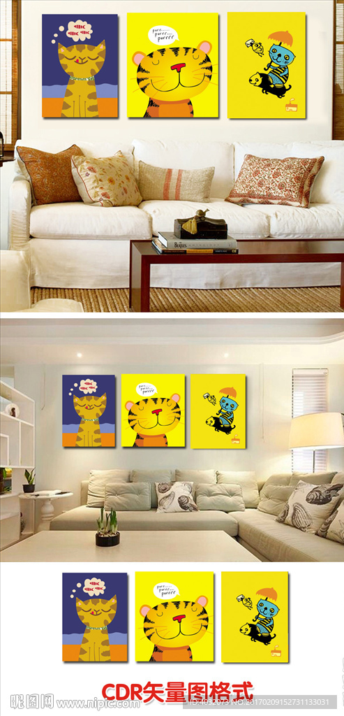 儿童房无框画猫咪插画CDR矢量