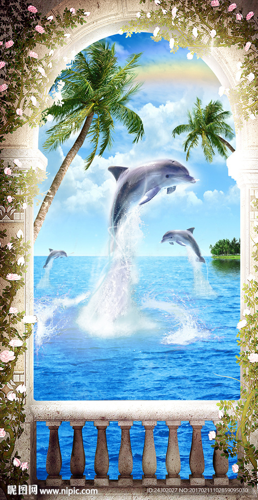时尚椰子树海豚玄关背景墙