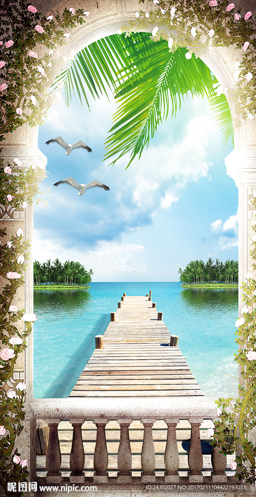 时尚木桥风景玄关背景墙