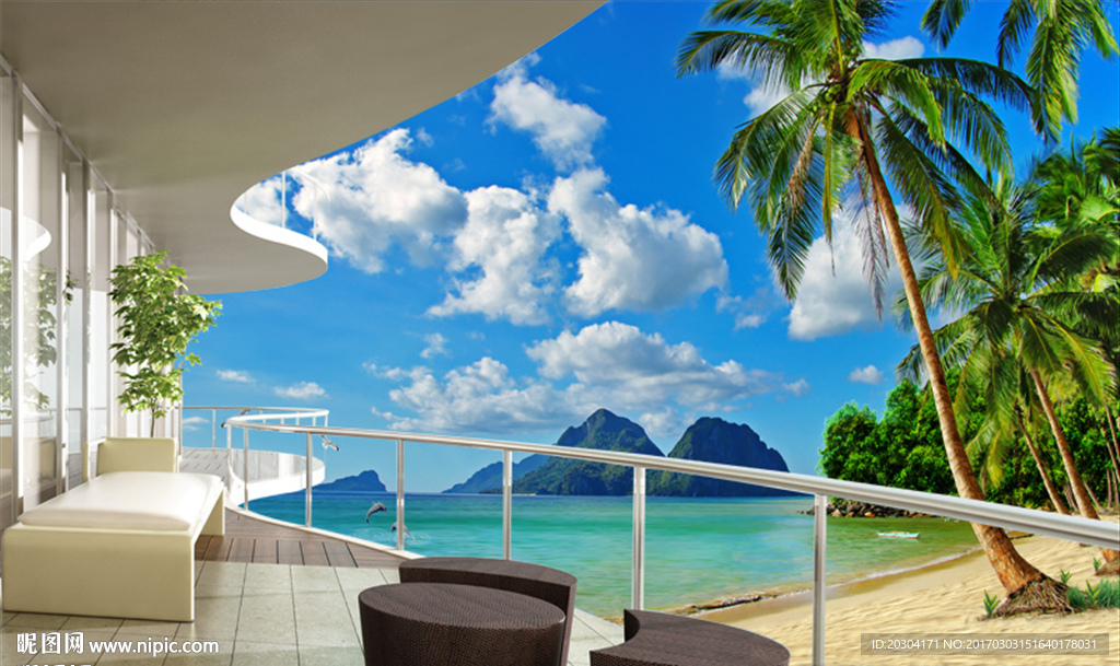 3D大海海景马尔代夫大海椰树