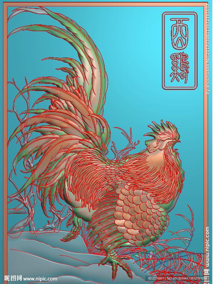 方牌酉鸡公鸡挂件精雕浮雕灰度