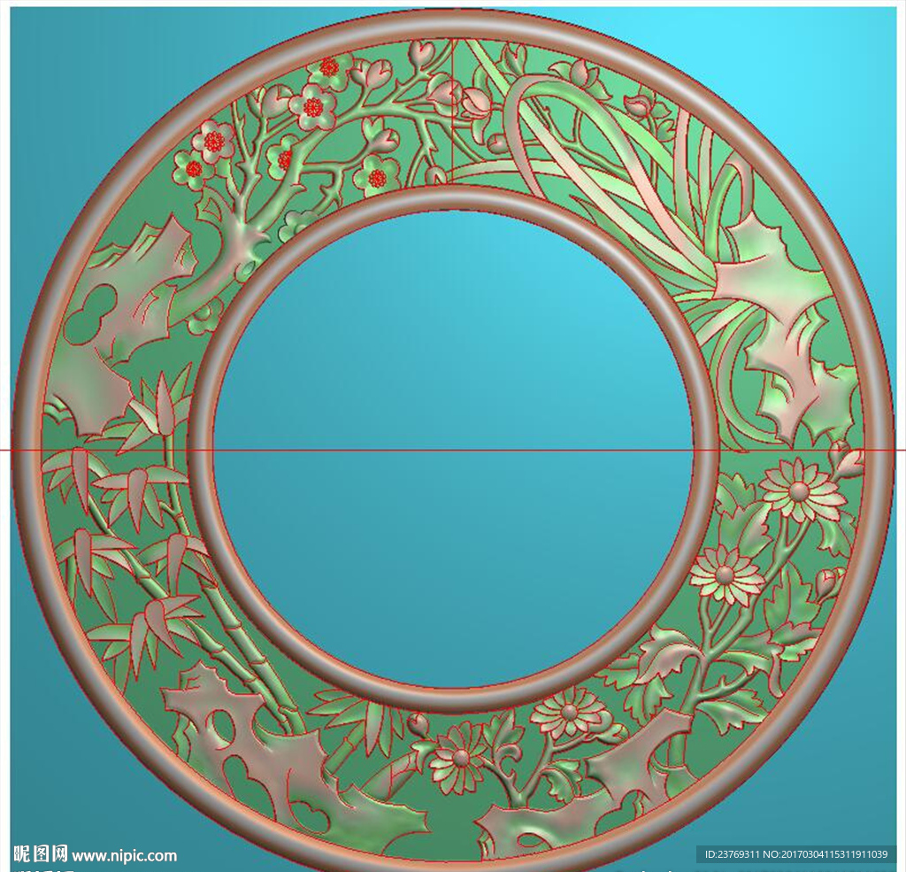 圆形梅兰竹菊边框精雕图浮雕灰度