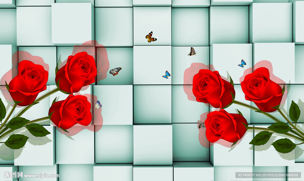 红色玫瑰花束立体背景墙