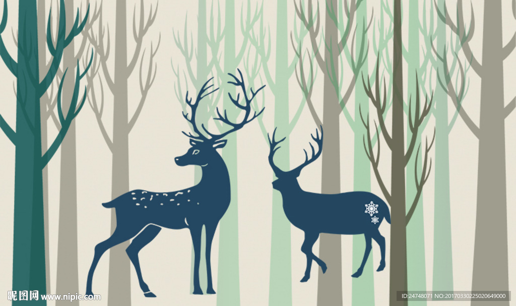 手绘矢量森里麋鹿电视背景墙