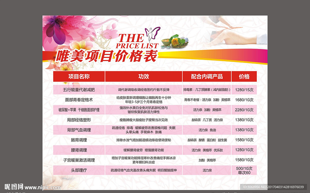 美容项目价目表