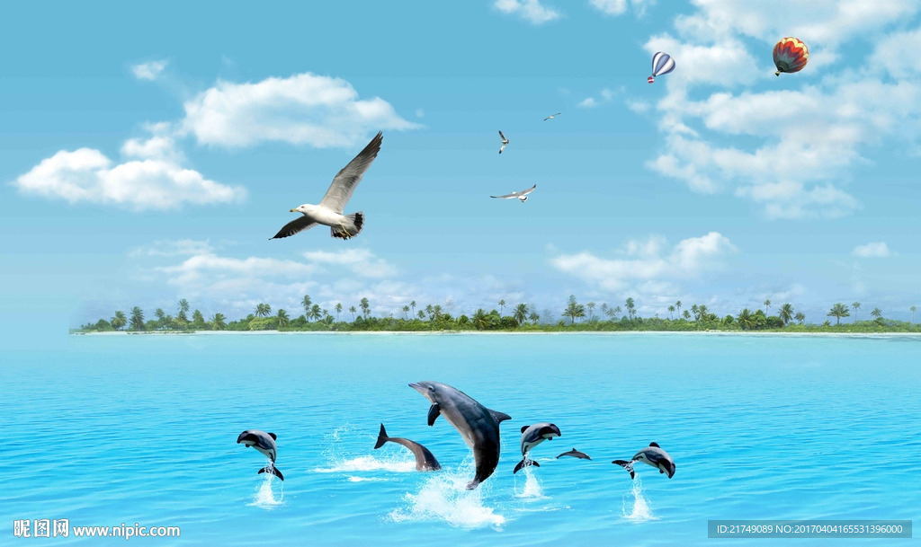 海豚海底世界蓝天白云背景墙