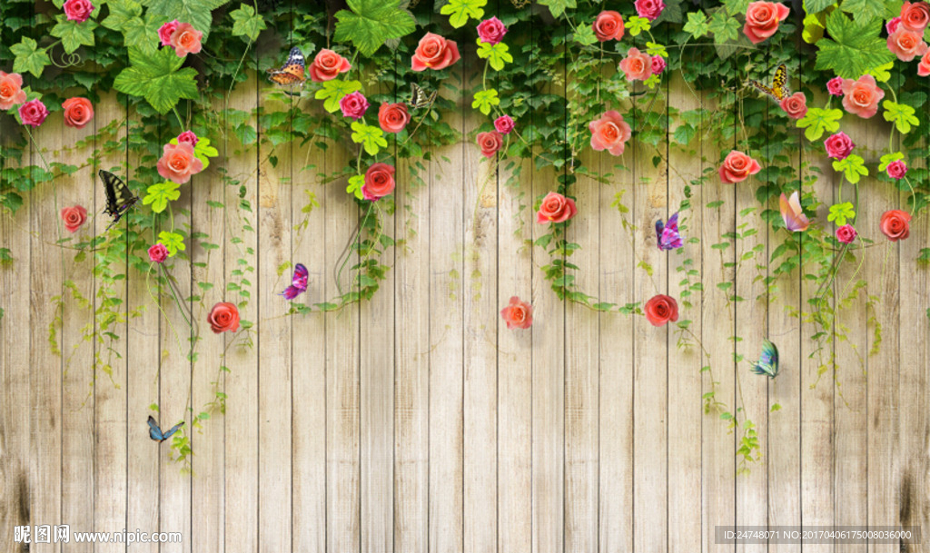 怀旧木板鲜花藤蔓电视背景墙