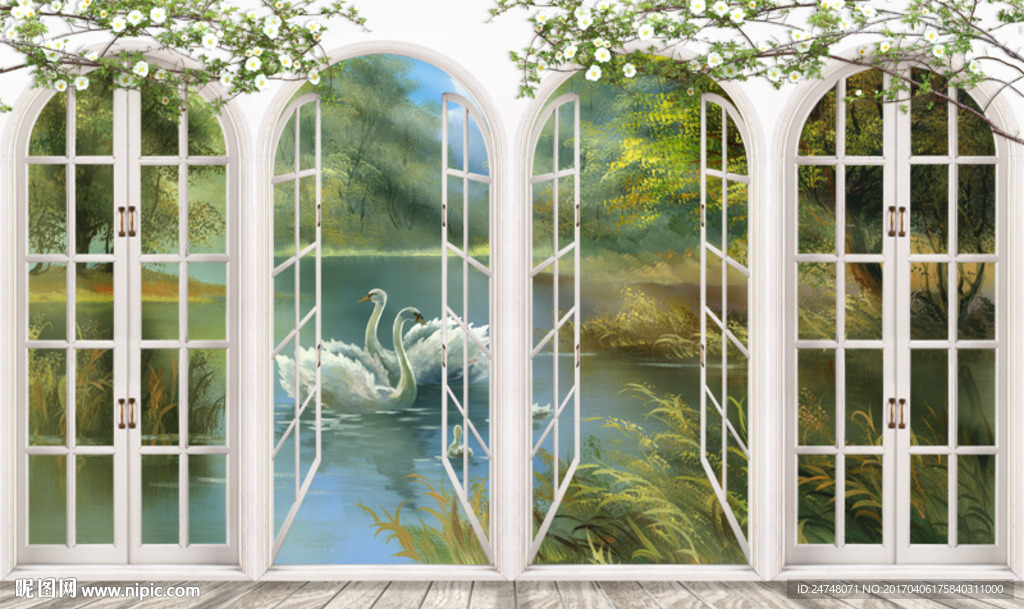 3D立体假窗油画天鹅湖背景墙