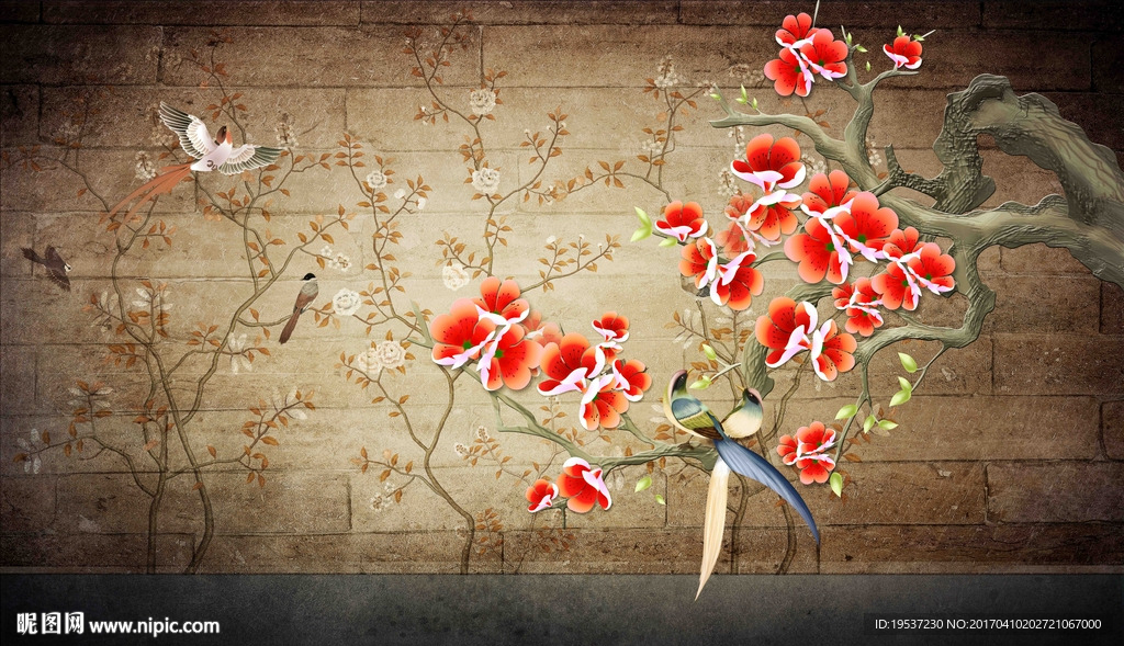 复古花鸟壁画