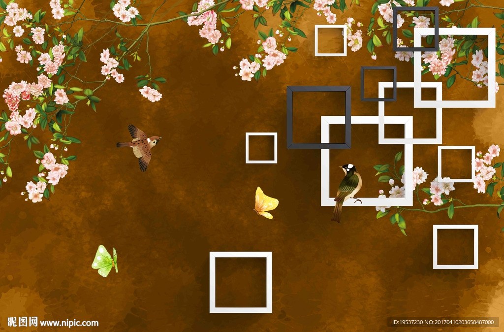 3D复古花鸟壁画