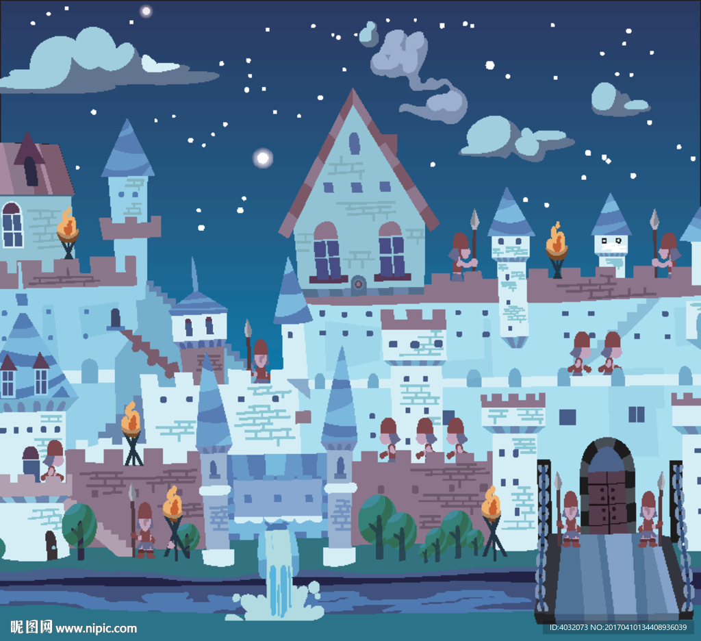 欧式古堡城堡卫兵吊桥墙画矢量图