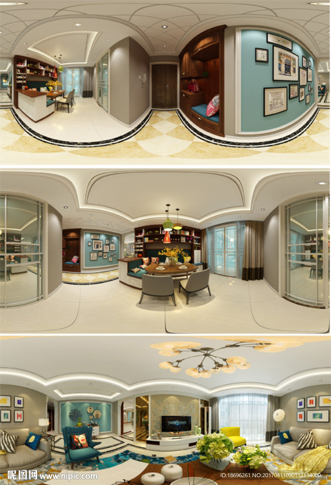 美式客厅餐厅过道全景模型