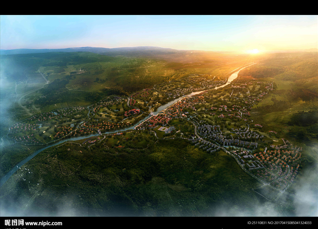 黄昏大鸟瞰景观规划建筑图