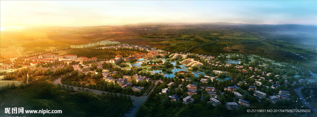 黄昏大鸟瞰景观规划建筑图