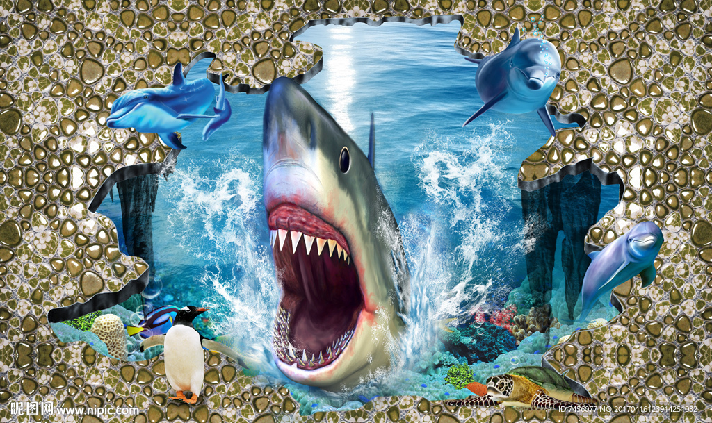 鲨鱼海豚企鹅立体海景背景墙
