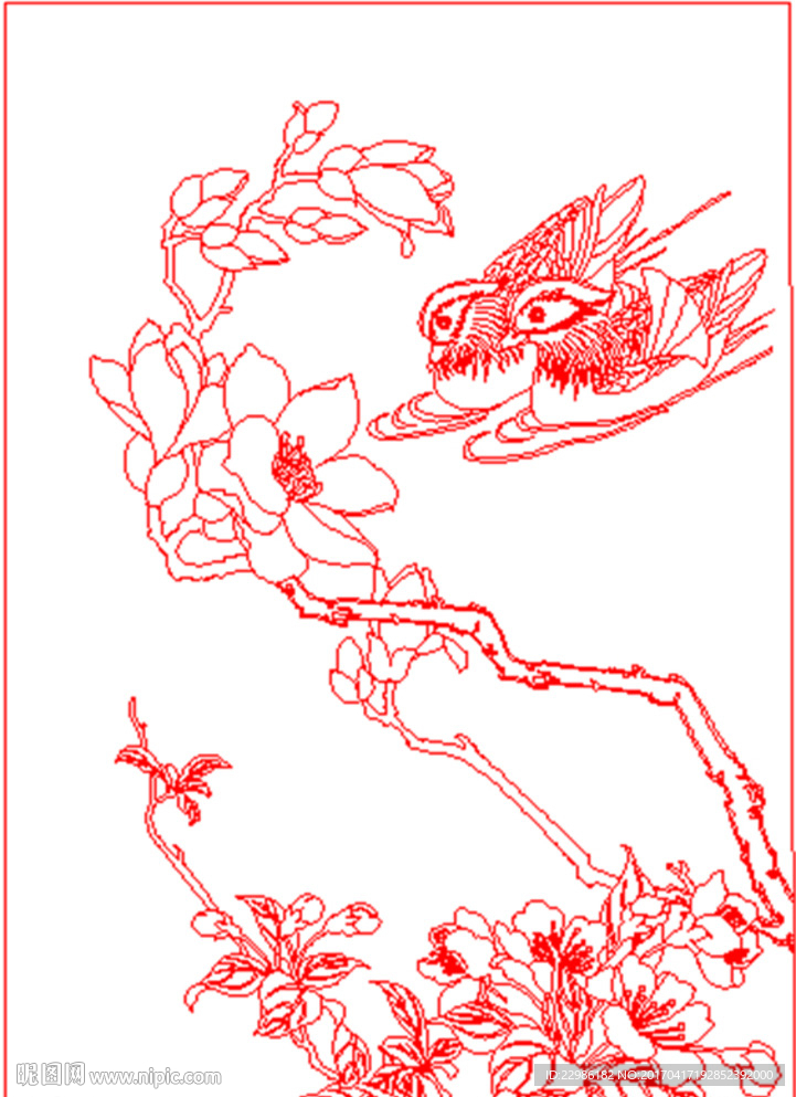 艺术玻璃玉兰花鸟矢量线条图