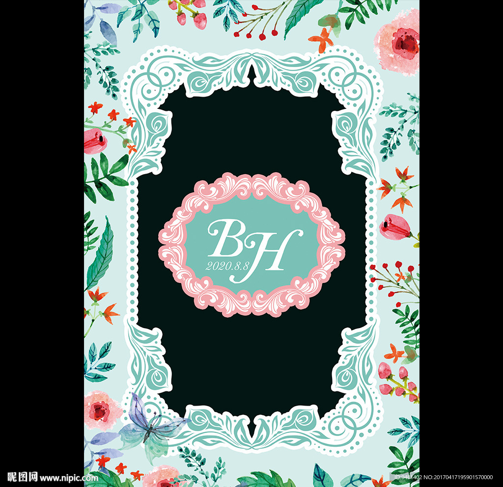 水彩花卉蓝色婚礼拱门背景